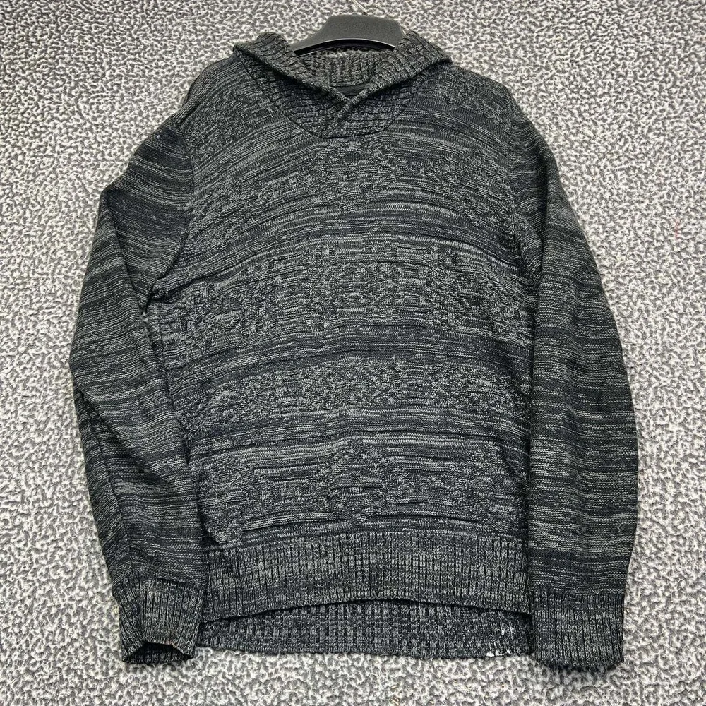 American Rag Sweater Men Medium Black Gray Marled Knit Hooded Pullover Cotton M